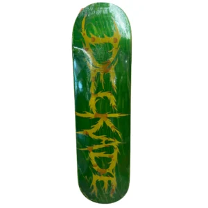 Green skateboard deck with a yellow abstract/plant-like design, wrapped in plastic for protection.