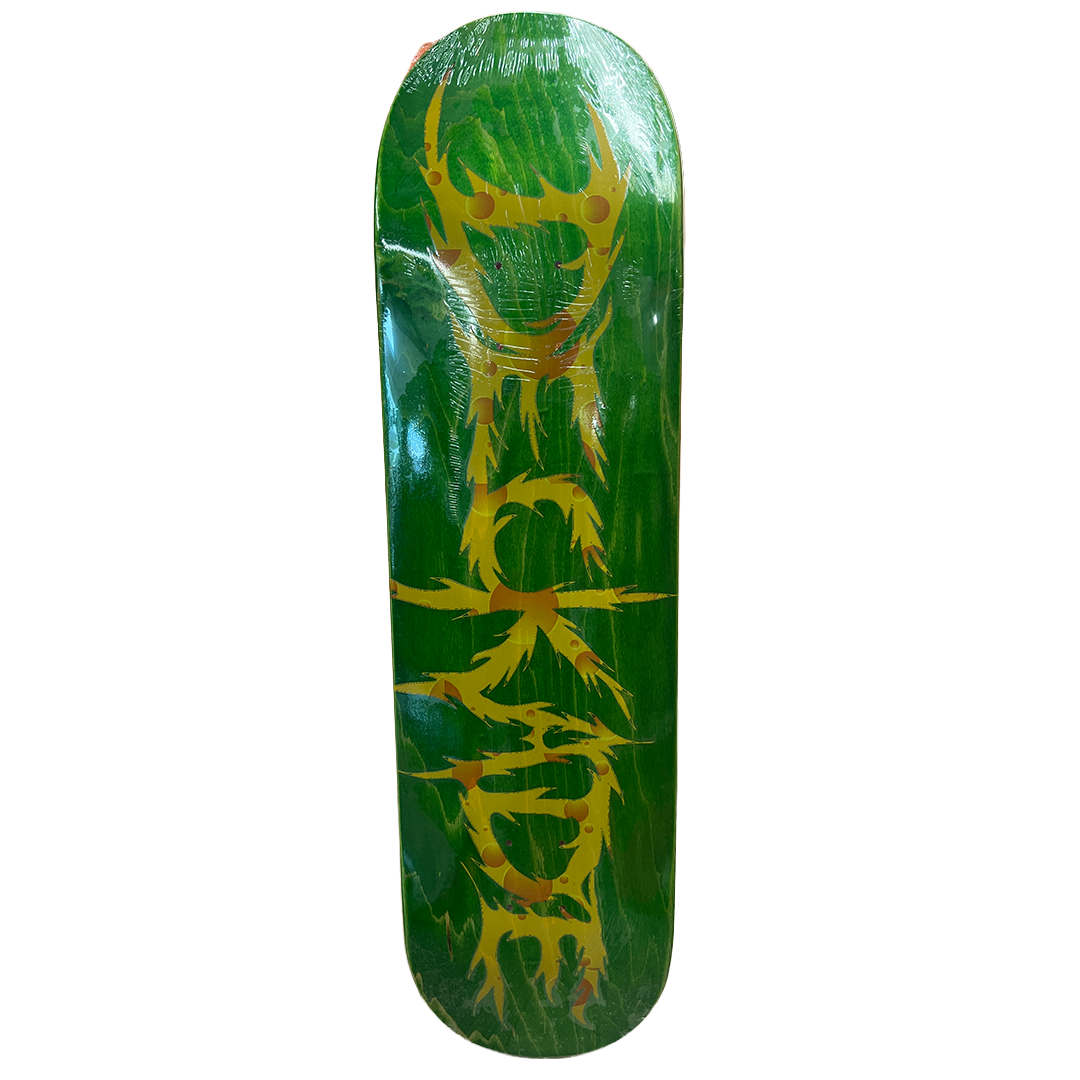 Green skateboard deck with a yellow abstract/plant-like design, wrapped in plastic for protection.