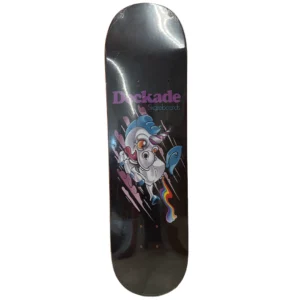 Black skateboard deck with a colorful cartoon unicorn and purple 'Deckade Skateboards' branding on the front; glossy finish.