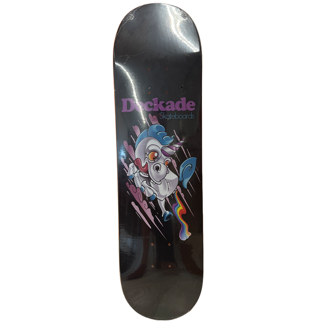 Black skateboard deck with a colorful cartoon unicorn and purple 'Deckade Skateboards' branding on the front; glossy finish.