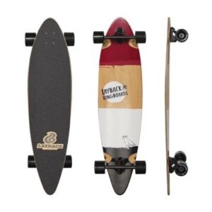 Three-view of a Layback longboard: top with black grip tape, middle deck with red, natural wood, and white sections showing the Layback logo, and a slim side profile with black wheels.