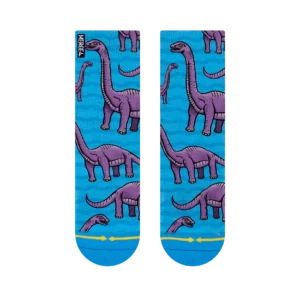 Pair of blue socks featuring a purple dinosaur pattern on a bright blue background