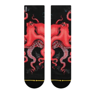 Pair of black socks with a red octopus tentacle pattern, shown side by side on a dark background.