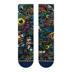 Pair of socks with a dense, colorful monster collage pattern across the fabric. Both socks show blue toes and vibrant cartoon monsters.