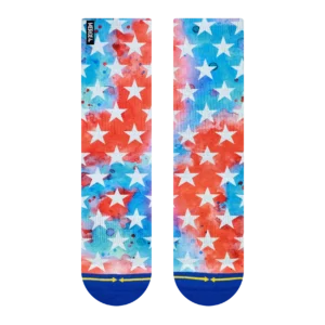 Watercolor patriotic pattern with white stars on red and blue backgrounds and a vertical central stripe in the middle.