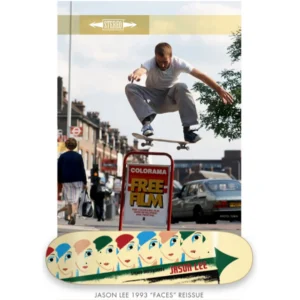 Skateboarder mid-air over a street-side sign reading 'Free Film' in an urban street, with pedestrians and cars; bottom shows a colorful Jason Lee 'Faces' skateboard graphic.