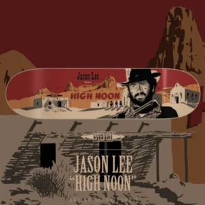 Album cover art for Jason Lee's 'High Noon' featuring a desert town, mountains, and a bearded man with a hat and rifle in a cowboy aesthetic.