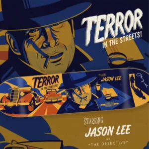 Vintage-style poster for 'Terror in the Streets' featuring a cigarette-smoking detective and retro cars in bold blue and yellow tones, promoting Jason Lee as the detective.