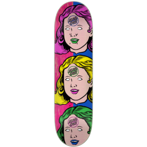 Pop-art skateboard deck with three Santa Cruz portraits in pink, yellow, and green arranged vertically.