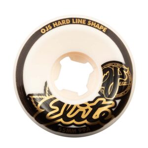White skateboard wheel with black and gold branding reading 'OJS HARD LINE SHAPE' and 'Swift' around the rim, 55mm 99A.