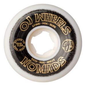 White skateboard wheel with a black center ring and gold 'WHEELS NOMADS' branding on the ring