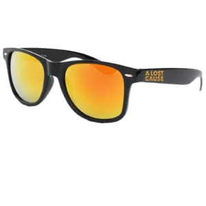Black wayfarer sunglasses with orange mirrored lenses; temple shows the text 'A LOST CAUSE'.