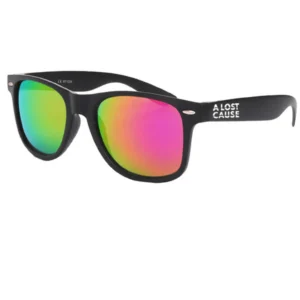 Black-frame sunglasses with rainbow mirrored lenses; temple bears 'A LOST CAUSE'.
