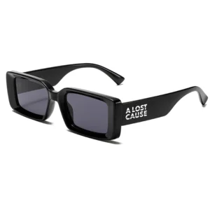 Black rectangular sunglasses with dark lenses and a temple logo reading 'A LOST CAUSE'.