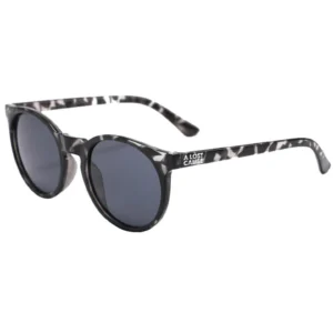 Round black sunglasses with dark lenses and marbled arms, 'A LOST CAUSE' on the temple side.
