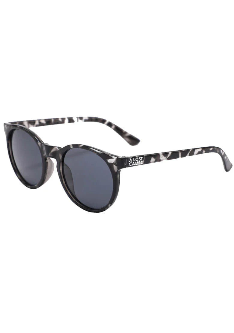 Round black sunglasses with dark lenses and marbled arms, 'A LOST CAUSE' on the temple side.