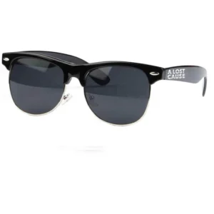 Black wayfarer sunglasses with dark lenses and a logoed temple reading 'A LOST CAUSE' on the arm.