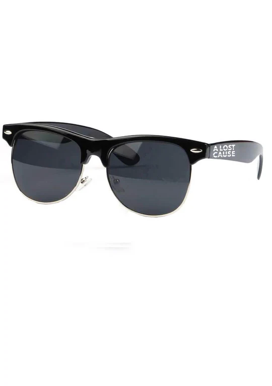 Black wayfarer sunglasses with dark lenses and a logoed temple reading 'A LOST CAUSE' on the arm.