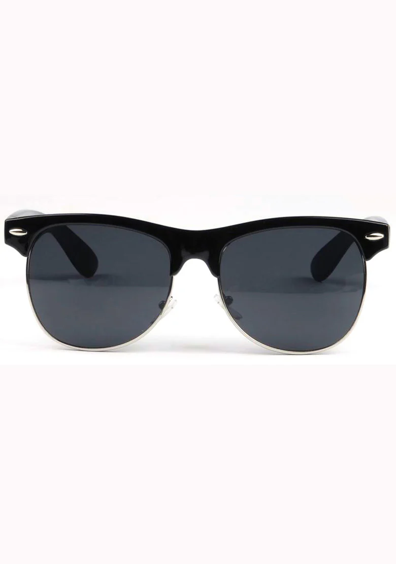 Black sunglasses with a glossy black frame and dark gray lenses, shown from the front.