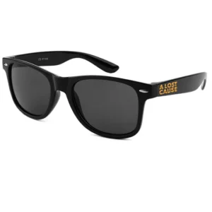 Black sunglasses with dark lenses and orange 'A LOST CAUSE' text on the temple/sleeve area of the arm.