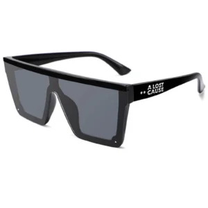 Black rectangular sunglasses with dark lenses and a glossy black frame; brand name 'A LOST CAUSE' on the temple.
