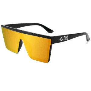 Black-framed sunglasses with yellow mirrored lenses, logo on the temple reads 'A LOST CAUSE'.