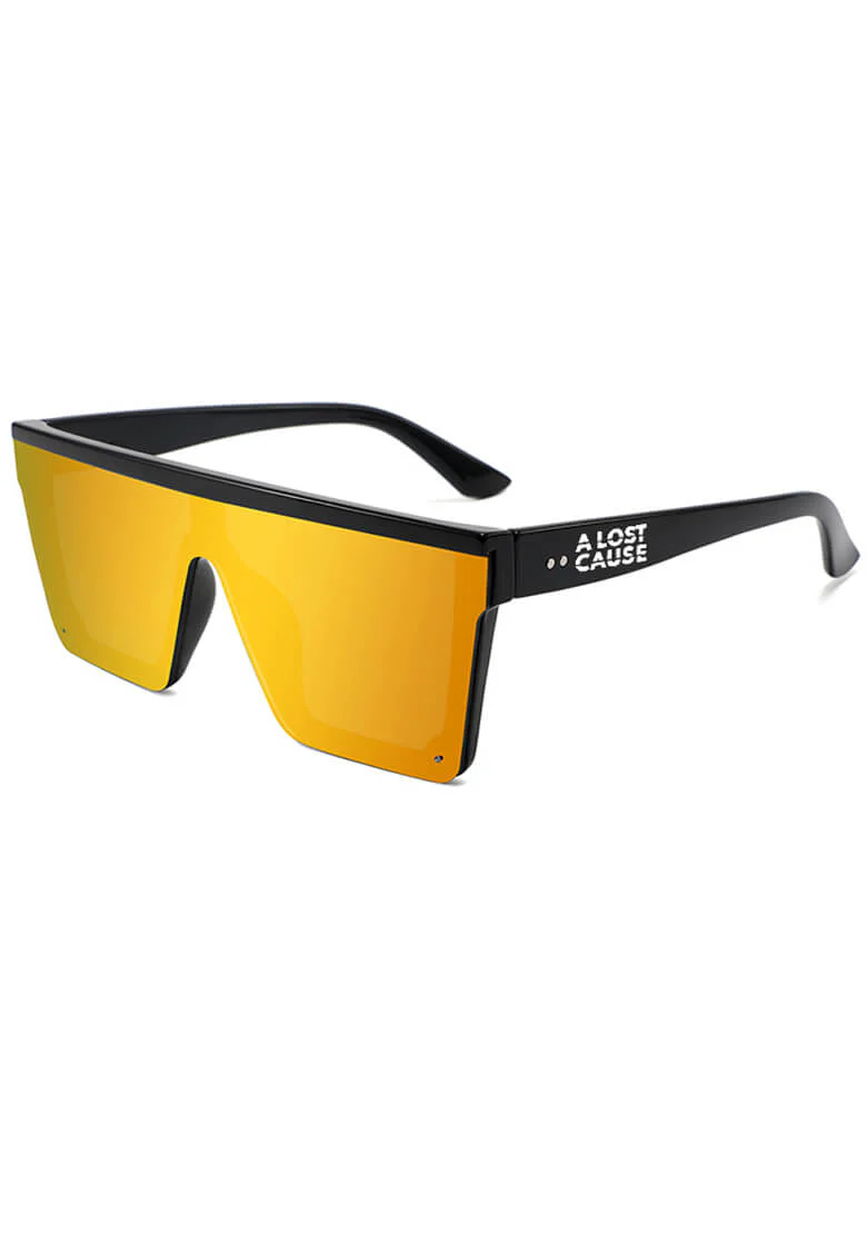 Black-framed sunglasses with yellow mirrored lenses, logo on the temple reads 'A LOST CAUSE'.