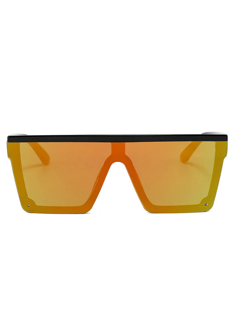 Oversized orange-yellow mirrored shield sunglasses with a black top bar across the brow.