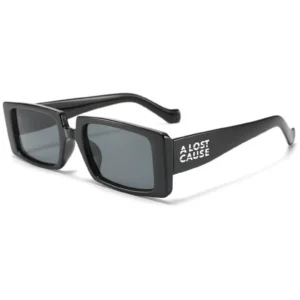 Black rectangular sunglasses with dark lenses and 'ALOST CAUSE' logo on the temple