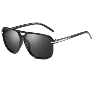 Black plastic-frame sunglasses with a metal bridge, dark tinted lenses, and slim metal arms along the sides.