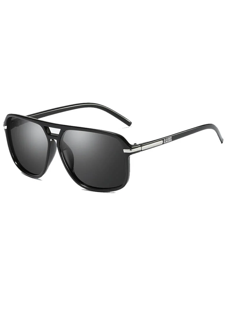 Black plastic-frame sunglasses with a metal bridge, dark tinted lenses, and slim metal arms along the sides.