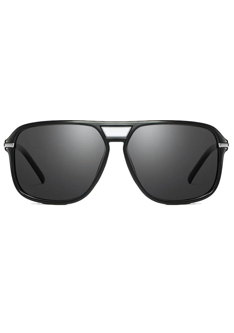 Black sunglasses with dark lenses and a slim metal bridge, front view.