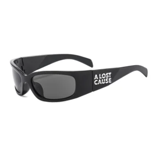 Black sunglasses with gray lenses and a white 'A LOST CAUSE' slogan on the temple arm.