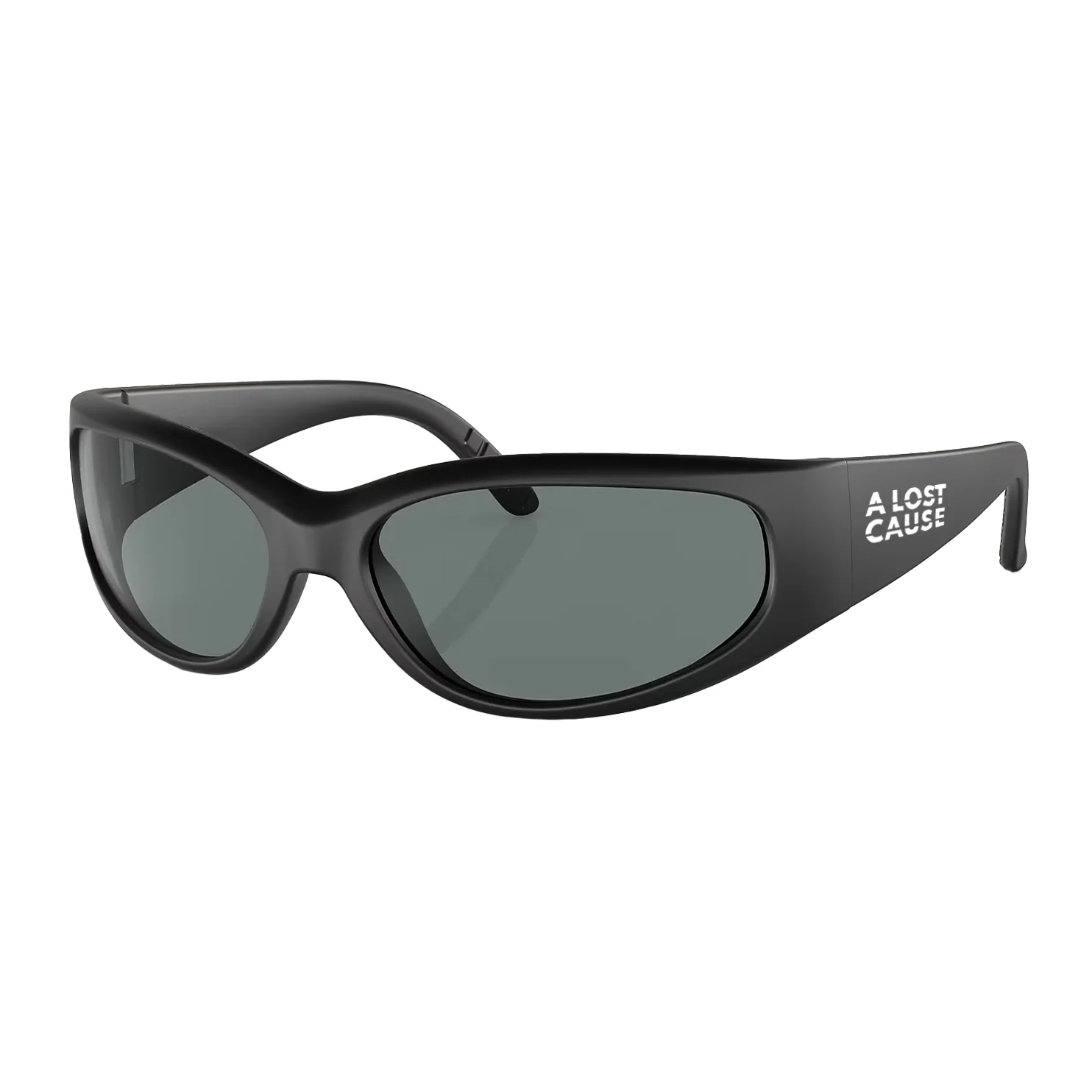 Black wraparound sunglasses with gray lenses and an 'A LOST CAUSE' logo on the temple.