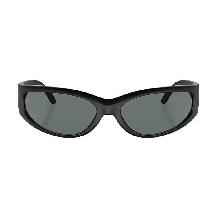 Black wraparound sunglasses with gray lenses and a curved, full-coverage frame.