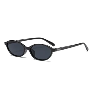 Black sunglasses with round lenses and the brand name on the temple.