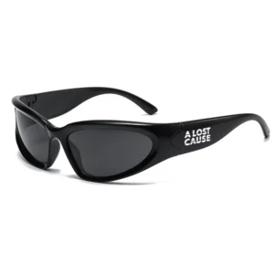 Black wraparound sunglasses with dark lenses and the text 'A LOST CAUSE' on the temple