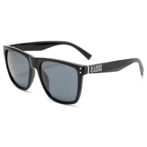 Black Wayfarer-style sunglasses with dark lenses; temple reads 'A LOST CAUSE' in white text on the side.