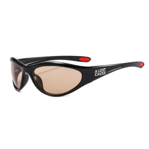 Black wraparound sunglasses with brown-tinted lenses and red accents, featuring the text 'A LOST CAUSE' on the temple arm.