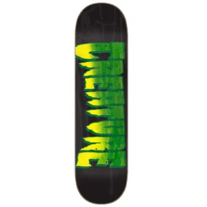 Skateboard deck with a black background and a bold green-yellow graffiti-style word running vertically along the board's center plate styling.