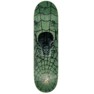 Green skateboard deck with a large black spiderlike creature descending on chained webs and a small yellow winged figure at the bottom.