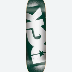 Green skateboard deck with white abstract shapes and a star at the bottom, orange edge.