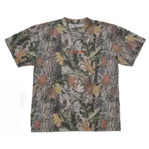 Camouflage short-sleeve T-shirt with orange text on the chest reading 'SHITS FUCKED'.