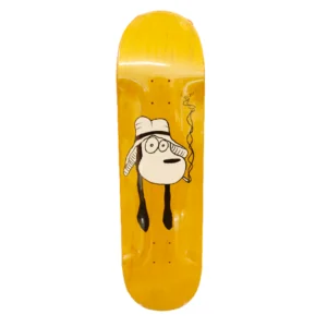 Yellow skateboard deck featuring a cartoon white dog wearing a hat and smoking a cigarette.