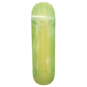 Top-down view of a skateboard deck with a green-to-yellow gradient and drilled holes for trucks remaining visible at the center.
