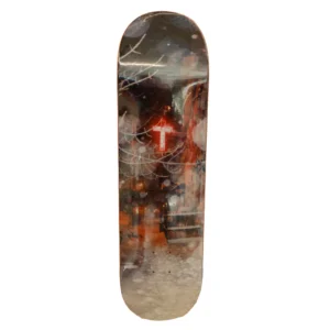 Skateboard deck with a snowy urban scene and a glowing red cross in the center of the art.