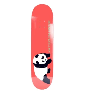 Red skateboard deck with a white and black panda graphic near the bottom and vertical text along the right edge.