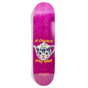 Bright pink skateboard deck featuring a smiling cat-tea graphic and bold yellow slogan 'It Doesn't End Well' on a magenta background.