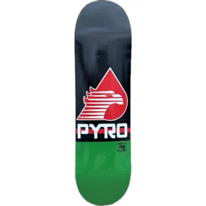 Skateboard deck with a red flame logo and PYRO text on a black-to-green gradient surface