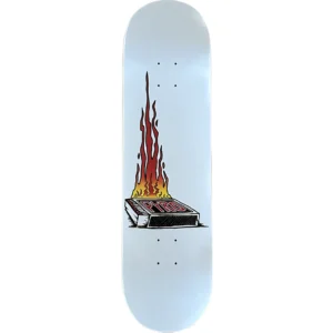 Blue skateboard deck with a graphic of a lit matchbox labeled PYRO and flames rising above it.